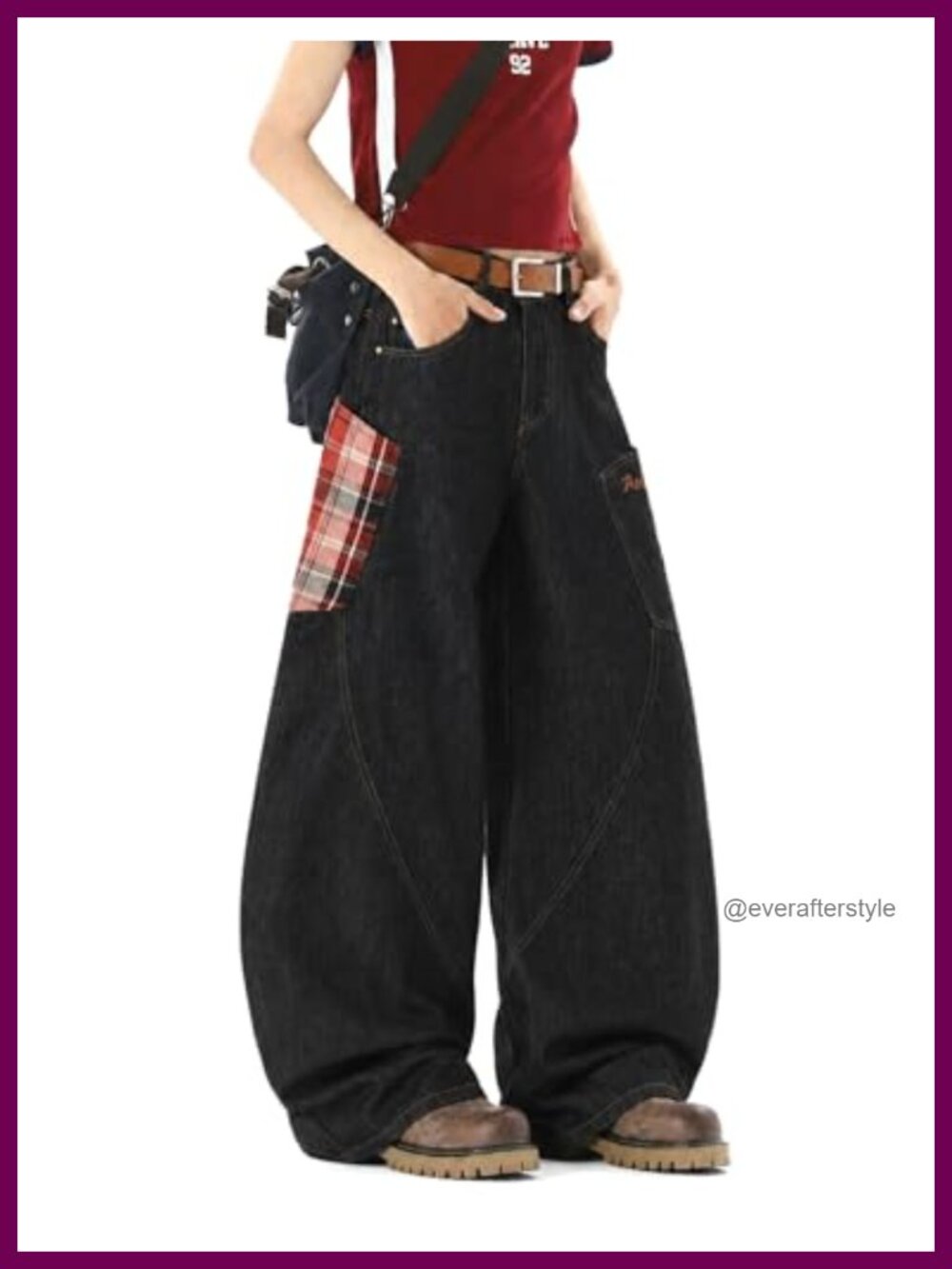 Baggy Barrel Jeans Plaid Big Pocket Wide Leg Denim Pants Oversized Y2K